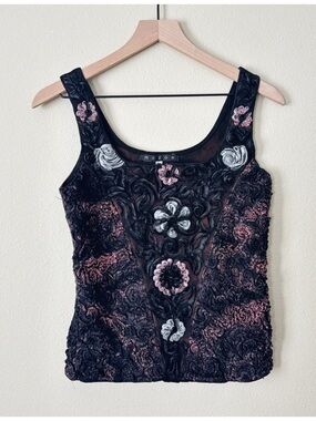 Mezon Black Tank Top with Pink and White Floral Embroidery